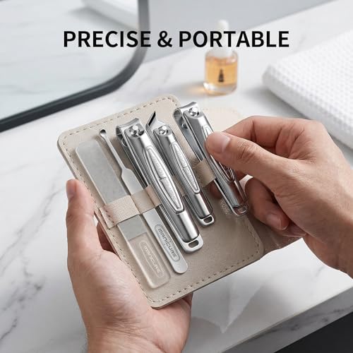 Nail Clippers for Men, 5pcs Professional Manicure Set with Sharp Slanted German Clippers, Stainless Steel Travel Pedicure Tools for Precise Hand Foot and Nail Grooming in Portable Leather Case