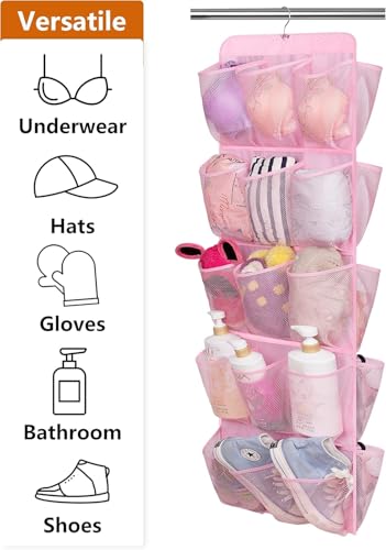 MISSLO 30 Large Pockets Dual Sided Hanging Shoe Organizer for Closet with Rotating Hanger Hanging Shoe Shelves, Pink - color: Pink