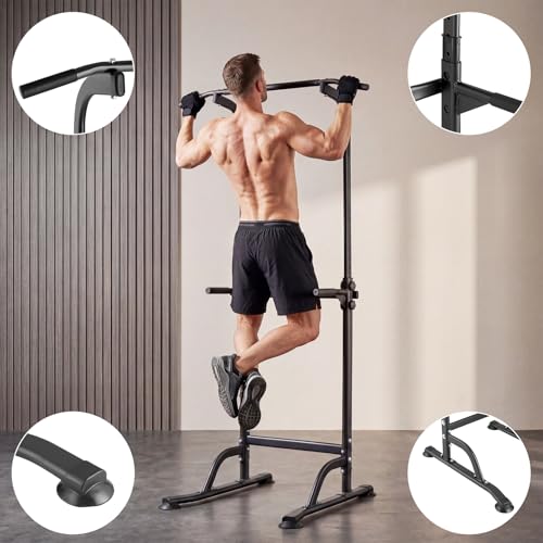 Power Tower Pull Up Bar Station - 330 LBS Stable Multi-Function Gym Dip Station for Home Strength Training Equipment - 10 Adjustable Heights Heavy Duty Pull-Up Tower with h-Shaped Base & Push-Up - color: Black