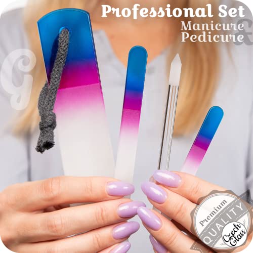 Genuine Czech Glass Nail File Set - Callus Remover Foot Rasp, Cuticle Pusher Manicure Stick, Double Sided Etched Different Grit Surface, Professional Nail Care Tool, Made in EU - color: All-in-one Set - Aqua Magenta