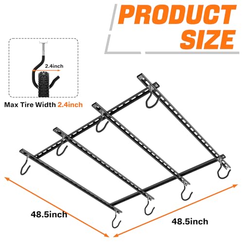 TORACK Ceiling Bike Rack for Garage, Ceiling-Mounted Bicycle Storage Hooks for 4 Bikes (Horizontal) or 8 Bikes (Vertical), Adjustable Overhead Bicycle Hooks for Mountain, Road, and Kids' Bike - style: 4 bikes horizontal