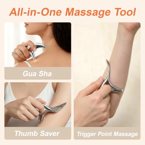 Pressure Point Massage Tool for Deep Tissue - Metal Gua Sha Tools | Metal Muscle Scraper | Thumb Saver | Acupressure Tool for Trigger Point & Pain Relief, Travel Pouch