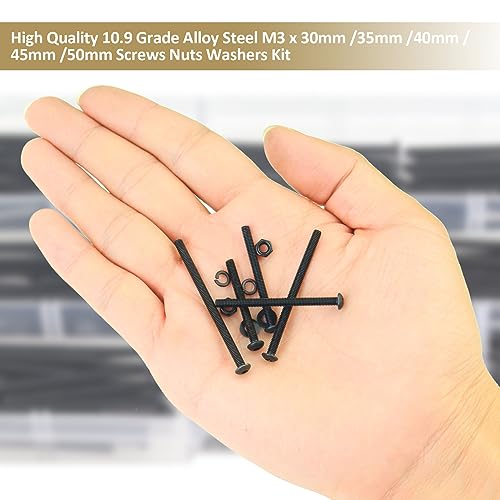 402 Pieces Black M3 x 30/35 /40/45 /50 mm Button Head Socket Cap Screws Nuts Washers Assortment Kit, 10.9 Grade Alloy Steel - size: M3 x 30/35/40/45/50mm, style: Button Head