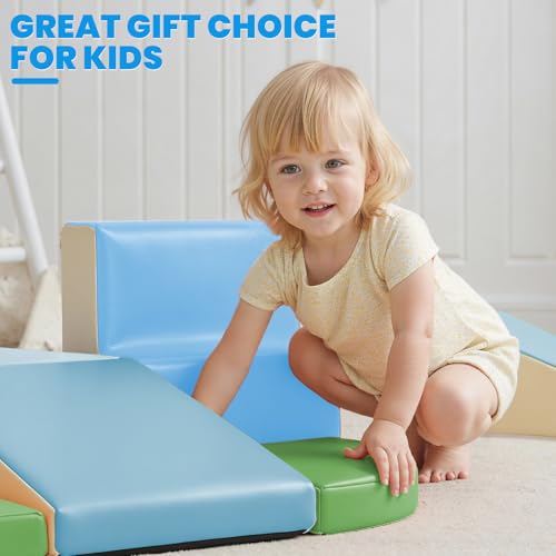 Hoohtoot PU Leather Foam Blocks for Toddlers: 6-Piece Indoor Climbing Play Set - Soft Climbing and Sliding Blocks - Baby Learning Gym - Toddler Activity Structure for Preschool - style: Blue/Green