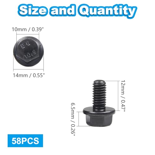 M6-1.0 x 12mm Flanged Hex Head Bolts Flange Hexagon Screws, External Flange Hex Drive Screws,Class 10.9 Black Finish,Alloy Steel, Fully Threaded, 58 PCS - size: M6x12mm