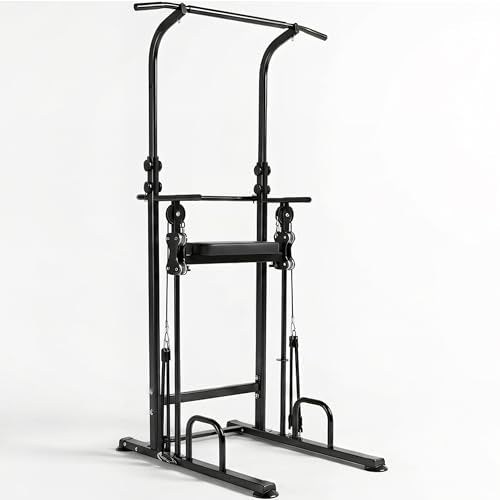 Power Tower Dip Station Pull Up Bar - Multi-Purpose Home Gym Equipment with Adjustable Height and Non-Slip Foot Pads - 330lbs/150kgs Capacity - color: Black with Assisted Pad