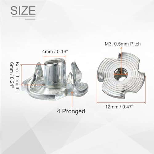 HARFINGTON M3x6mm T-Nuts 4 Pronged Tee Nut 0.47" x 0.24" Fully Thread Carbon Steel Inserts for Wood, Rock Climbing Holds, Cabinetry, Furniture 100pcs - size: M3x6mm, 12mm
