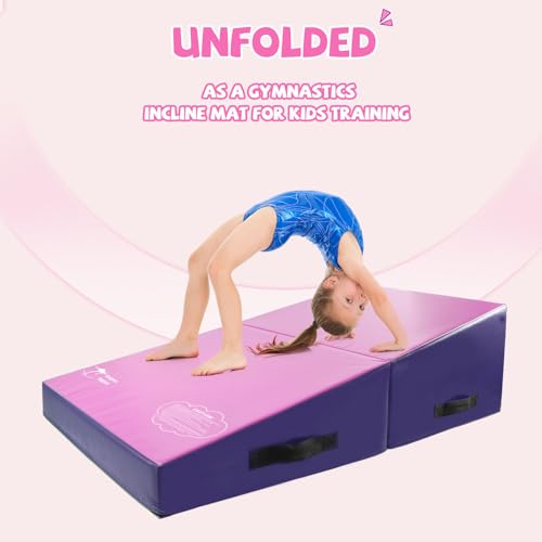 Kangaroo Hoppers Gymnastics Cheese Wedge Mat for Kids Ages 1-12 | 3 Sizes Folding Incline Mat with High-Density EPE Foam and Removable PVC Leather Cover, Home Gym Training Equipment - color: Purple/Pink, size: 34" x 24" x 13"