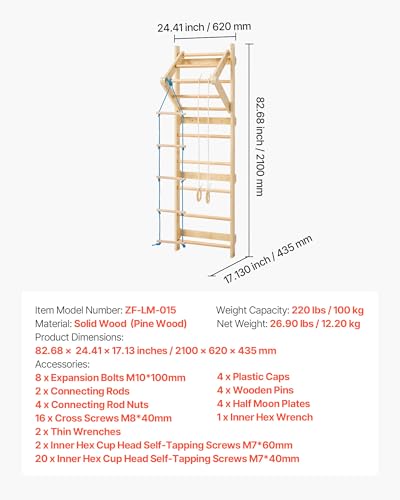 VEVOR Swedish Ladder Wall Gym, 4-in-1 8-Level Indoor Jungle Gym, 220LBS Loading Solid Wood Gymnastic Stall Bars, Indoor Playground Climbing Playset with Rings, Pull-Up Bar, Rope Ladder - style: 8-Level 4 in 1