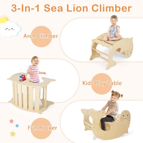 HONEY JOY 7 in 1 Climbing Toys for Toddlers, Wood Triangle Climber w/Ramp for Sliding or Climbing, Rocker, Foldable Montessori Triangle Climbing Arch Set for Daycare, Gym & Playground, Natural - style: 7 In 1 Natural