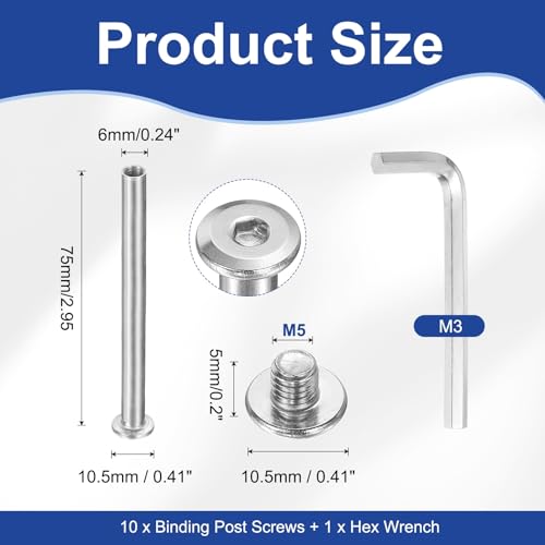 PATIKIL M5x5mm Hex Chicago Screws 6x75mm, 5Pcs 304 Stainless Steel Metric Hex Drive Socket Cap Binding Post Screw Posts for Scrapbook Leather Belt Album Furniture Repair, Silver - size: M5x5mm, 6x75mm