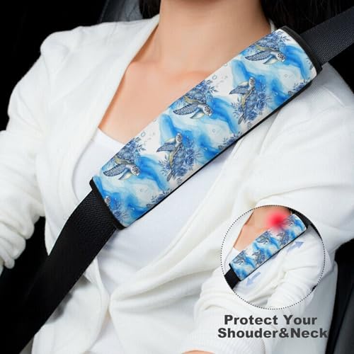 2PCS Universal Fit Car Seat Belt Pad for Kids, Most Cars, Blue Flowers Ocean Sea Turtle Floral Seat Belt Cushion, Shock Absorption - color: Pattern 1201