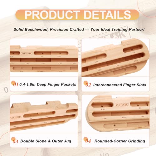 Wooden Climbing Hangboard, Training Hang Board, Rock Climbing Fingerboard with Incremental Depth Pockets for Finger & Forearm Strength, Grip Training and Pull-ups for Climbers Gift