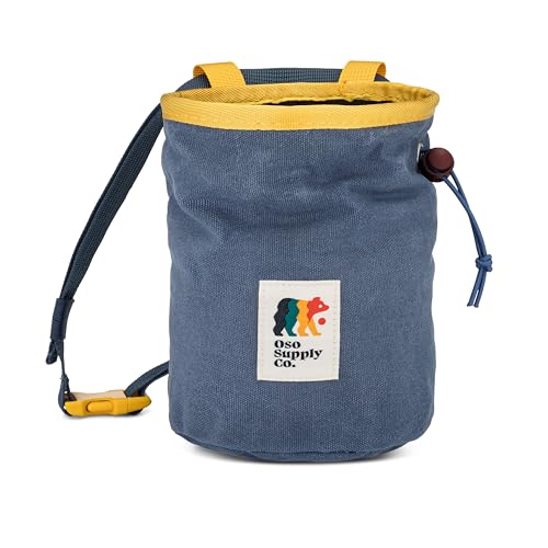 Oso Supply Co - Waxed Canvas Chalk Bag - Zipper Pocket & Mesh Pouch for Bouldering, Rock Climbing, Gym, Weightlifting – Water-Resistant, Adjustable Belt, Wide Opening - color: Canyon Red / Denim Blue / Gold