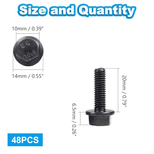 M6-1.0 x 20mm Flanged Hex Head Bolts Flange Hexagon Screws, External Flange Hex Drive Screws,Class 10.9 Black Finish,Alloy Steel, Fully Threaded, 48 PCS - size: M6x20mm