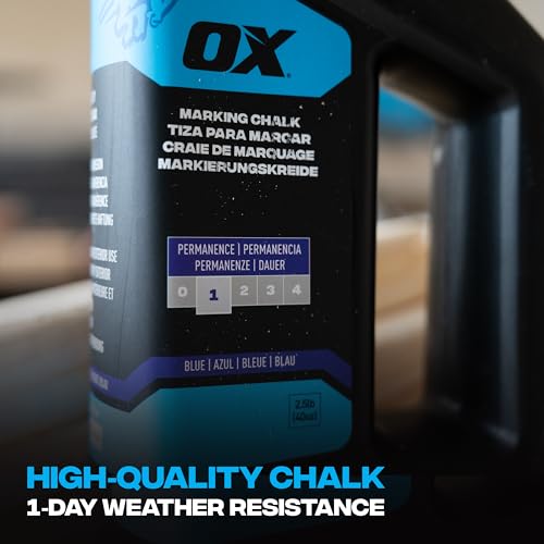 OX Blue Chalk Line Powder 2.5lb - Permanent Marking Chalk Refill | Chalk line refill for chalk reel, weather resistant up to 1 month, fade-resistant, high-contrast blue pigment, nozzle cap - color: Blue