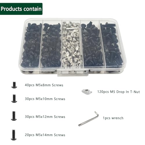 240 pcs M5 T Nut Screws Kit for 2020 2040 2080 Aluminum Extrusion, 120 pcs Black M5x8/10/12/14mm Hexagon Socket Screws and 120 pcs M5 Drop in T-Nuts with 1 pcs Hex Wrench - style: 240pcs 20 Series Screws Kit Black B