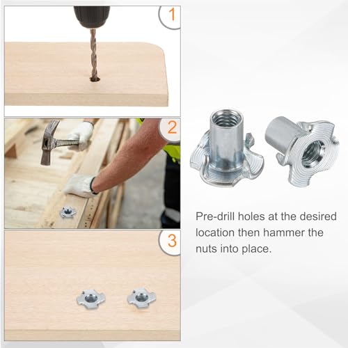 HARFINGTON M6x14mm T-Nuts 4 Pronged Tee Nut 0.69" x 0.55" Fully Thread Carbon Steel Inserts for Wood, Rock Climbing Holds, Cabinetry, Furniture 100pcs - size: M6x14mm, 17.5mm