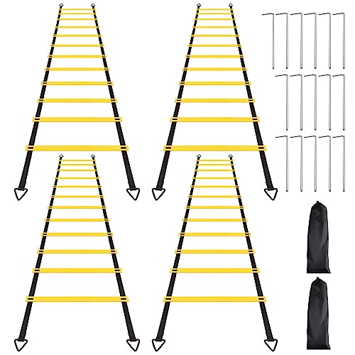 12 Rungs Agility Ladder Set, Training Ladder with Steel Stakes and Carry Bag for Soccer, Speed Fitness Feet Training - color: 4 Pack-Yellow
