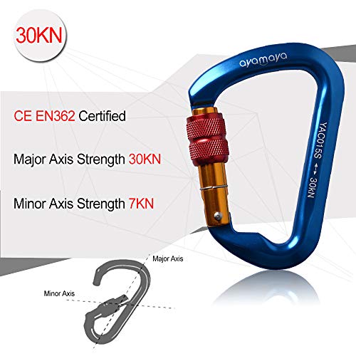 Ayamaya Climbing Carabiners - 3 Pack Screwgate Locking Carabiner 30KN (6744 lbs) Heavy Duty Gears for Rock Climbing, Rappelling, Swing Rescue & Gym, Large D-Shaped Carabiners - color: Blue