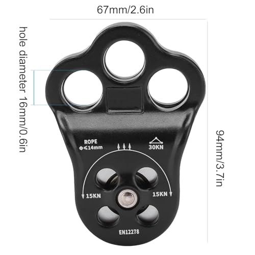 30KN Climbing Pulley, Three Hole Hitch Climbing Assist Pulley Climber Double Bearing for Rock Rappelling Zipline Sports Rigging Hauling Arborist