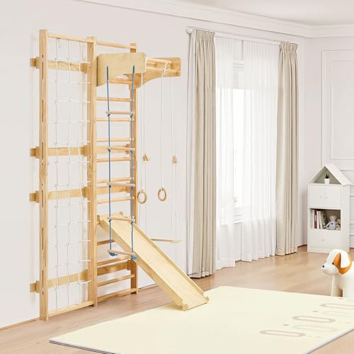 VEVOR Swedish Ladder Wall Gym, 8-in-1 12-Level Solid Wood Gymnastic Stall Bars for Kids Adults, 220LBS Indoor Jungle Gym Playset with Climbing Board, Gym Rings, Pull-Up Bar, Wall Ladder, Slide, Swing - style: 12-Level 8-in-1