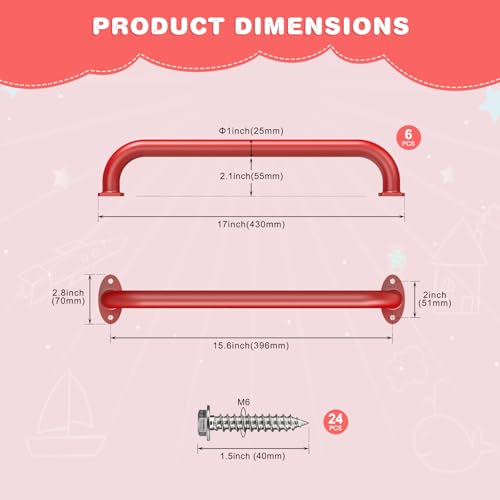 Dolibest 6 Pack 17 Inch Playground Handles, Metal Monkey Bars Indoor & Outdoor, Heavy Duty Ceiling Grab Bars & Wider Base for Climbing Frames, Treehouses, Swing Sets, Wall Ladders & Bunk Beds –Red - color: ‎red 2- 17 Inch-6pcs