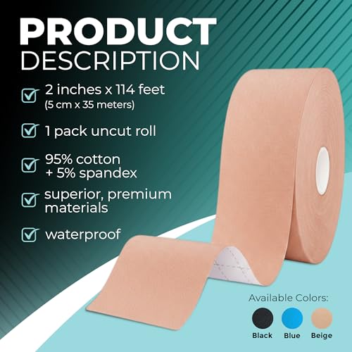Kinesiology Tape Bulk Roll 114ft - Athletic Sports Tape, Beige | Elastic Waterproof, Athletic Support & Joint Protection, Uncut for Wrist, Knee, Shoulder, Foot, Skin-Friendly - color: Skin Beige