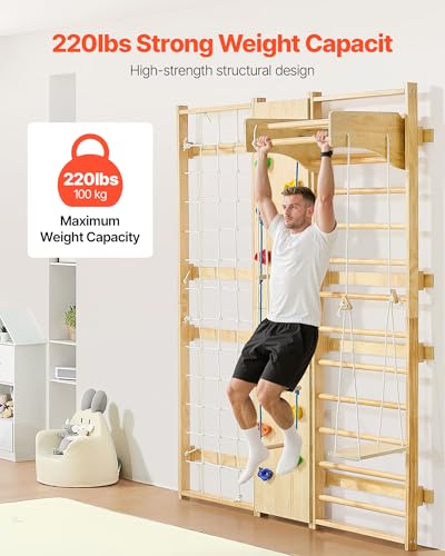 VEVOR Swedish Ladder Wall Gym, 9-in-1 12-Level Solid Wood Gymnastic Stall Bars for Kids Adults, 220LBS Indoor Jungle Gym with Rock Climbing Wall, Gym Rings, Pull-Up Bar, Climbing Board, Slide, Swing - style: 12-Level 9-in-1