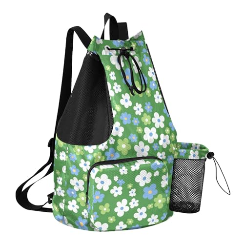 Drawstring Bags Climbing Gym Bag With Water Bottle Holder Cinch Sacks Dry Wet Separation Green White and Blue Flowers