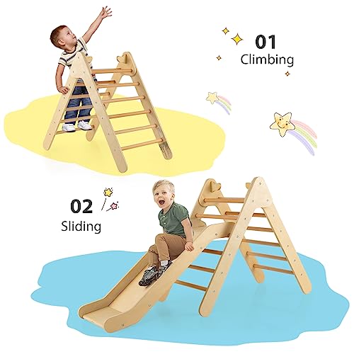 OLAKIDS Pikler Triangle Set 2 in 1 Climbing Toys for Toddlers Foldable Wood Montessori Baby Jungle Gym with Ladder Ramp Slide Kids Indoor Playground Activity Play Structure - color: Natural