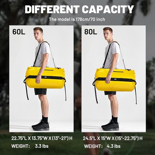 MIER Large Waterproof Duffel Bag - 60L/80L Dry Bag Backpack | Detachable Backpack Straps; Multi-Pockets; Roll-Top with Hook-and-Loop Closure; Motorcycle, Kayaking, Gym, Beach, Boating - color: Yellow, size: 60L