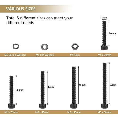 242 Pieces Black M5 x 30/35 /40/45 /50 mm Hex Socket Head Cap Screws Nuts Washers Assortment Kit, 12.9 Grade Alloy Steel - size: M5 x 30/35/40/45/50mm, style: Socket Head