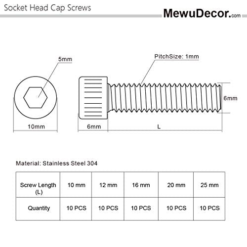 50 PCS Socket Head Cap Screw Assortment Set, M6 x 10mm, 12mm, 16mm, 20mm, and 25mm, 18-8 Stainless Steel 304, Bright Finish - size: Assortment 10mm to 25mm