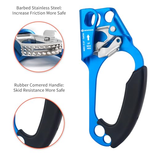 NewDoar UIAA & CE Certified Hand Ascender Rock Climbing Tree Arborist Rappelling Gear Equipment Rope Clamp for 8~13MM Rope - color: Blue-Right