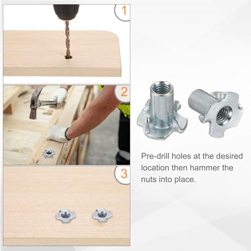 HARFINGTON M6x16mm T-Nuts 4 Pronged Tee Nut 0.69" x 0.63" Fully Thread Carbon Steel Inserts for Wood, Rock Climbing Holds, Cabinetry, Furniture 100pcs - size: M6x16mm, 17.5mm