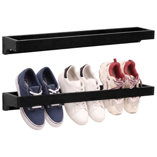 Wenqik 2 Pcs Wall Mounted Wooden Shoe Rack 30 Inch Rustic Wood Wall Hanging Shoe Rack Space Saving Footwear Holder Shoes Storage Organizer for Mudroom, Entryway, Closet (Black) - color: Black