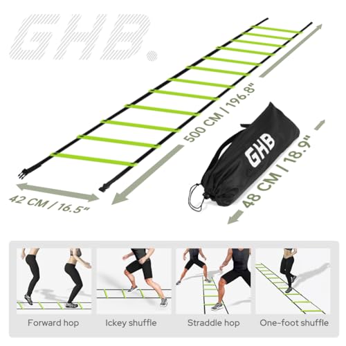 GHB Agility Ladder 1 Pack and Hex Agility Rings 1 Pack 12 Rung 20ft with 3 Carrying Bag