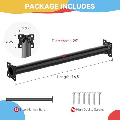 16.5 Inch Monkey Bars Kit Monkey Bar Ladder Rungs (Black, 12 Pcs) | Indoor Outdoor Metal Monkey Bars for Backyard - color: Black