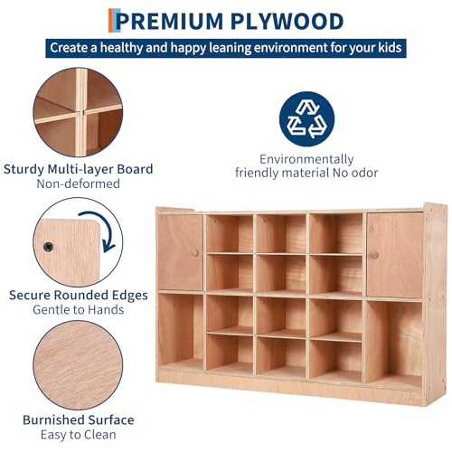 Garvee Mobile Storage Cabinet with 2 Cabinet Doors,Storage Cubby with 5 Anti-Flip Fittings, 4 Castors and 2 Boxes for Home,School,Kindergarten, Natural - size: 12 Cubbies with 2 doors