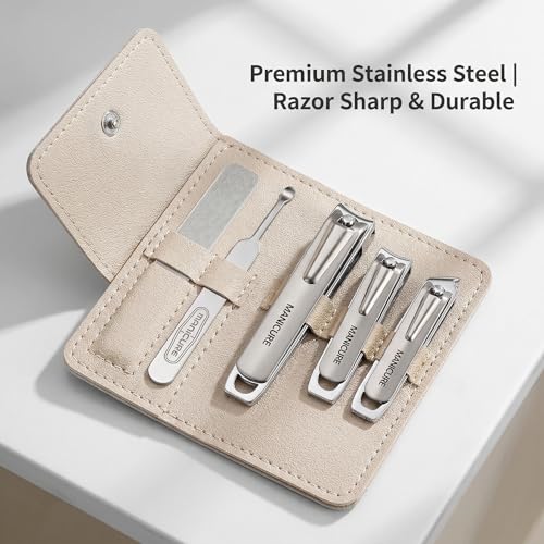 Nail Clippers for Men, 5pcs Professional Manicure Set with Sharp Slanted German Clippers, Stainless Steel Travel Pedicure Tools for Precise Hand Foot and Nail Grooming in Portable Leather Case