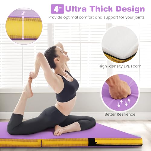 Goplus 4" Thick Folding Gymnastic Mat, Thickened Bi-Fold Fitness Mat with Carrying Handles & PU Leather Cover, Home Gym Tumbling Mat for Stretching, Pilates, Aerobics Workouts - color: Purple&Yellow