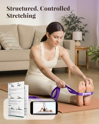 Trideer Stretching Strap with Loops & Leg Lifter, Non-Elastic PT-Style Physical Therapy Strap for Knee Replacement Rehab, Hamstring, Calf & Back Stretcher Mobility, Hip, Shoulder & Yoga - color: Purple