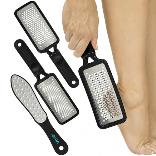 Vive Foot File (3 Pack) - Feet Scraper for Dead Skin - Heel Grater, Callus | Remover Scrubber Tool, Rasp for Cracked Heels - Stainless Steel Pedicure Filer for Men & Women - Use on Wet or Dry Skin