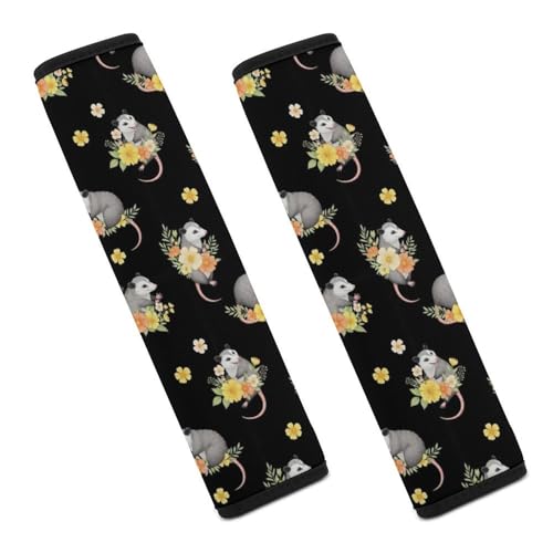 2PCS Breathable Car Seat Belt Pad for Elderly Support, Stroller Pushchair High Chair, Possum Floral Black Seat Belt Cushion, Anti-Slip Pad - color: Pattern 1210