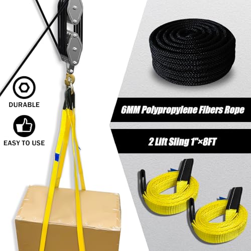 YATOINTO Rope Hoist Pulley System, 4400LB Pulley Block and Tackle, 8:1 Ratio Lifting Power 65ft, Heavy Duty Pulley Block for Lifting Pulling (with 2PCs Straps) - color: black, size: UPGRADED-4wheels+2pcs straps