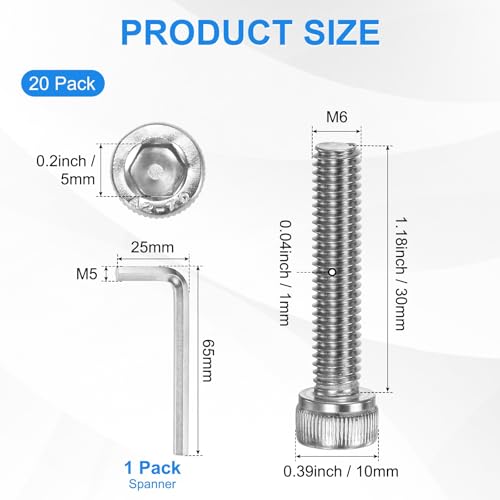 M METERXITY 20-Pack M6 x 30mm Socket Head Cap Screws, 304 Stainless Steel Hex Machine Bolts, Allen Socket Drive Screw with Hex Wrench for Repair/DIY, Fully Threaded Fasteners Kit [Silver] - size: M6 x 30mm