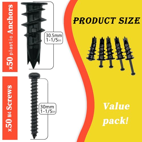 100PCS Zinc Self-Drilling Drywall Anchors, 50 Heavy Duty Hollow Metal Wall Anchors and 50#8 x 1-1/4'' Screws, Sheetrock Anchors and Screws Kit (Black)