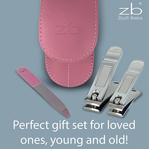 Nail Clippers by Zizzili Basics - 3 Piece Nail Clipper Set - Stainless Steel Fingernail & Toenail Clippers with Nail File & Bonus Pink Carry Case - Best Nail Care for Manicure, Pedicure, Home & Travel - color: Pink Case