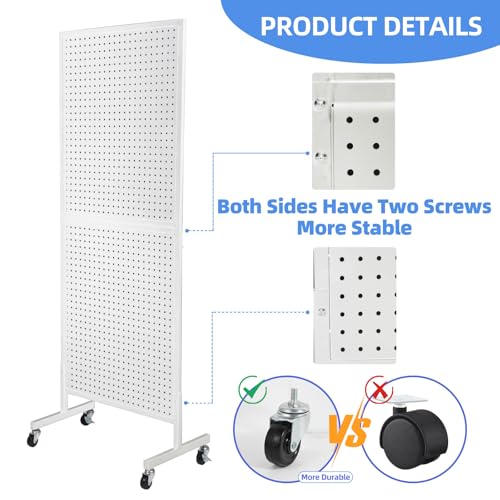 NectaCol 2'x 5' Standing Pegboard Display with T-Base, Pegboard Display Stand with Wheels, Metal Peg Board Display Rack, Art Display Stand, Extra 10 Pieces Hooks - White - size: 1-Pack White